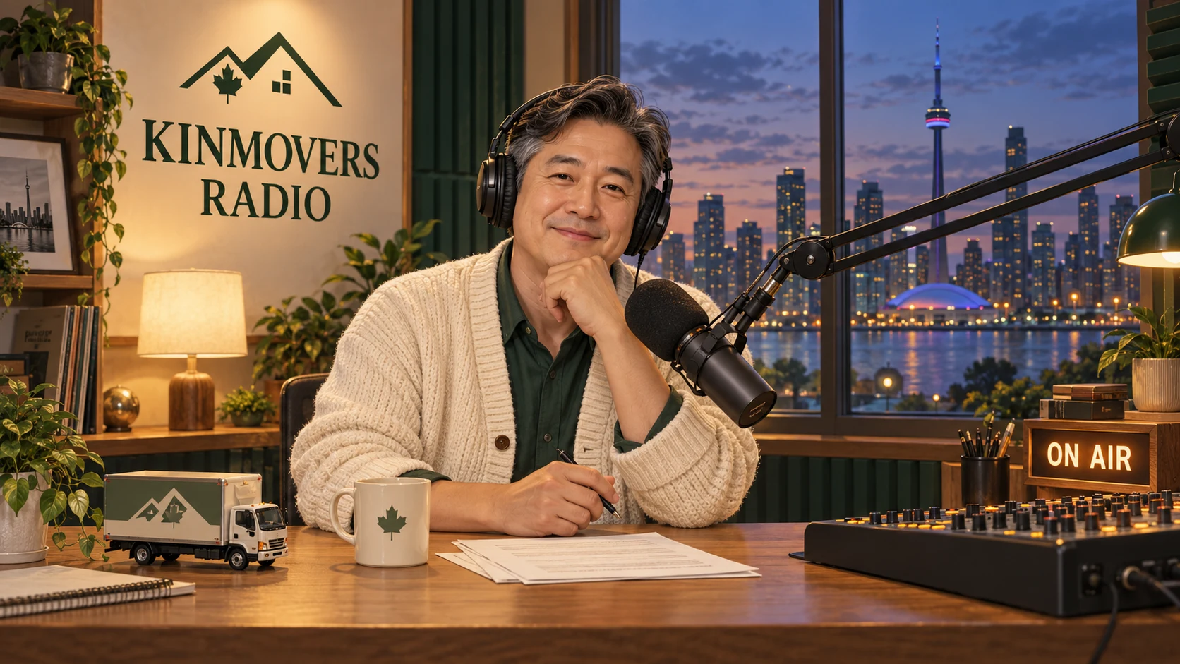 토론토 야경이 보이는 킨무버스 라디오 스튜디오와 가상 진행자